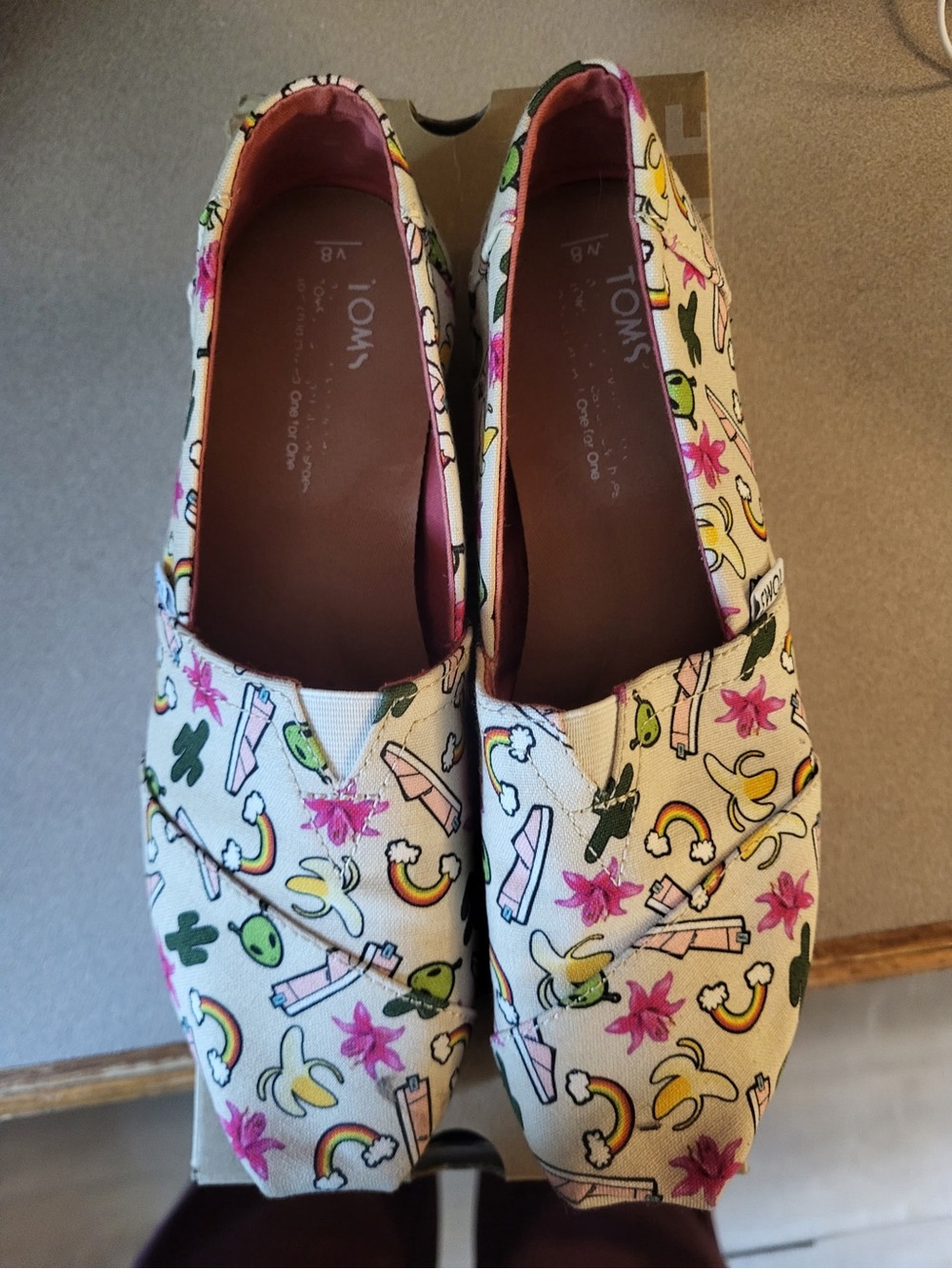 Toms Canvas Slip-On Flats in White with Pink, Yellow & Green Print